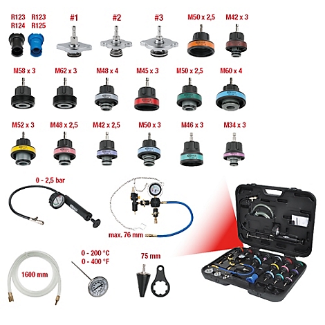 Verschiedene Kfz-Kühlmittel-Dichtungen und Werkzeuge zur Druckprüfung, angeordnet in einer Übersicht. Details wie Größen, Temperaturen und Drücke sind angegeben.